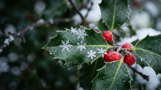 Festive red berry and green holly leaves with snowflake on winter background creating natural festive background for holiday season