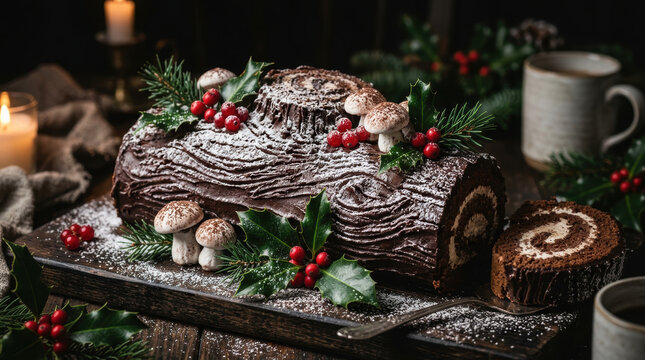 Chocolate yule log cake with festive background decorated with holly berry and mushroom shaped meringue on wooden board