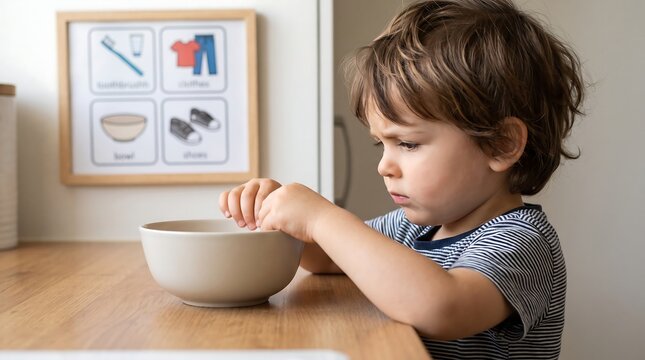 Child Eating Breakfast Independently Before School