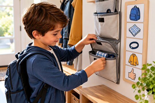 Child Organizing Backpack and School Items Independently