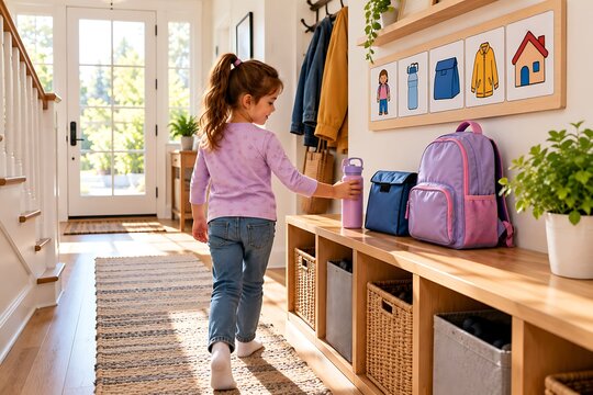 Child Organizing Backpack for School Morning Routine