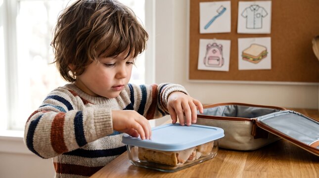 Child Packing Lunch Box as Independent Morning Task
