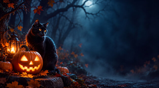 Black Cat and Glowing Jack O Lantern in Halloween Forest with Copy Space