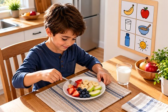 Child Preparing Fresh Fruit Plate for Breakfast