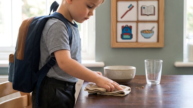 Child Preparing Lunch and Water for School Independently