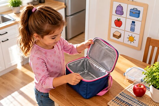Child Preparing Lunch Bag During Morning Routine
