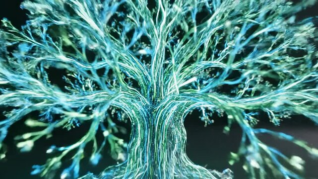 Abstract glowing tree of life structure, intricate branches and roots, digital energy flow, concept of growth and connection, serene dark background