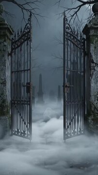 Halloween cemetery gate with iron bars and spooky fog in a dark night