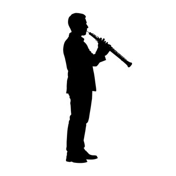 Black silhouette of oboe player holding the oboe, transparent background