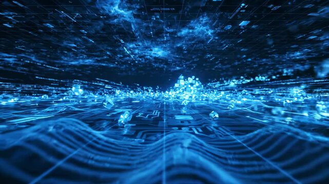 Abstract digital landscape with glowing blue geometric shapes and circuitry patterns, representing data flow and technology, perfect for futuristic concepts