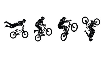 Obraz premium Dynamic bmx rider performing extreme stunt tricks with black silhouettes on isolated white background