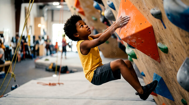 Boy climbing on an orange hold on a climbing wall, demonstrating strength and focus
