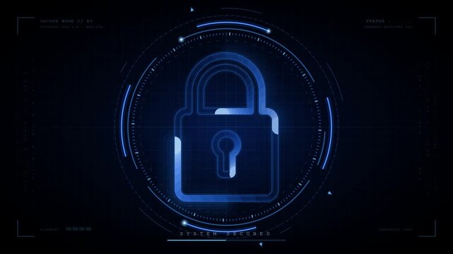 Animated cyber security padlock with futuristic HUD interface, digital protection system, encrypted network access, and secure data defense technology.