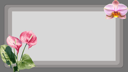Elegant floral frame border, pink orchid and anthurium background, grey blank copy space template for greeting cards and invitations © Senandung