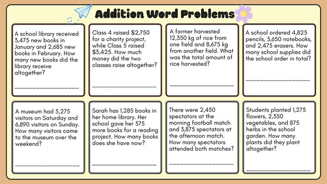 Educational Addition Word Problems Worksheet, Elementary Math Practice Cards, School Student Learning Task Sheet