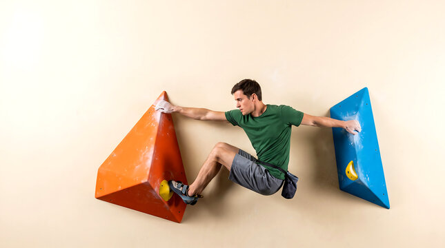 Climber suspended on wall, demonstrating strength and focus during indoor rock climbing training