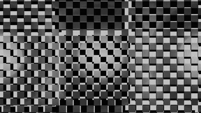 Abstract grayscale checkerboard pattern with 3D depth effect. Rows and columns of cubes shift subtly in perspective. Surface texture appears tactile with gentle lighting variation