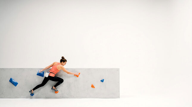 Female climber traversing wall with determination. athletic woman practicing rock climbing indoors