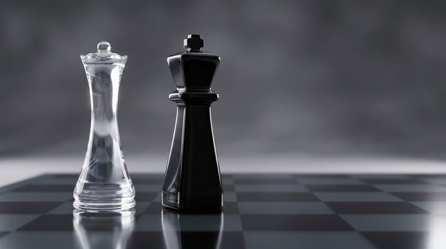 Clear glass queen and black king chess pieces on a reflective board