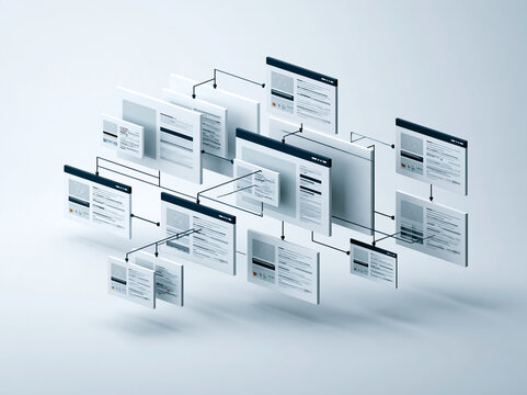 Isometric 3D website sitemap represented by connected floating page panels, clear hierarchical branches, tiny abstract interface elements without readable text, white and navy palette, precise
