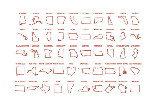 Outlines of united states territories are displayed in a red vector illustration on a white background alabama alaska arizona arkansas california colorado connecticut delaware florida