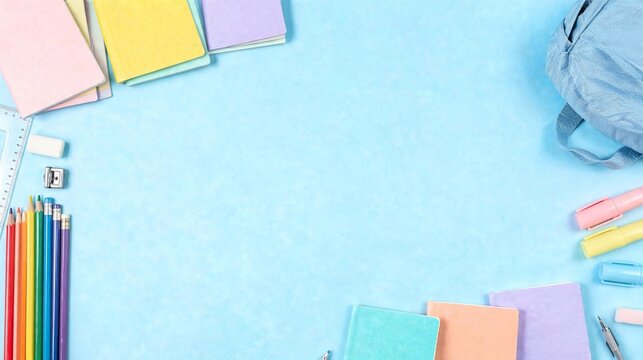 Colorful school supplies framing blue background with copy space