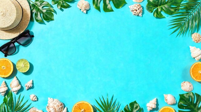 Tropical summer border with leaves citrus shells hat and sunglasses on turquoise