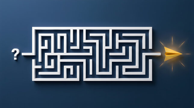 Conceptual image of a golden paper plane exiting a complex white maze on a dark blue background, symbolizing problemsolving and finding a way out