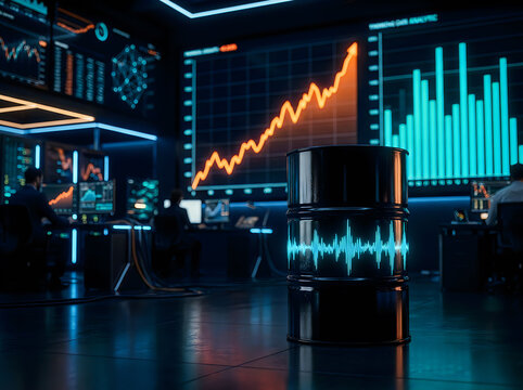 Oil barrel featuring a glowing pulse wave in a modern financial control room with large screens displaying market trends and data analytics