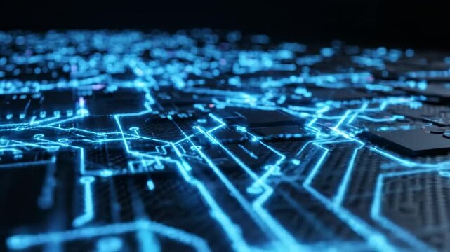 Glowing blue circuit board pathways, digital technology, data flow, artificial intelligence, motherboard connections, futuristic technology concepts