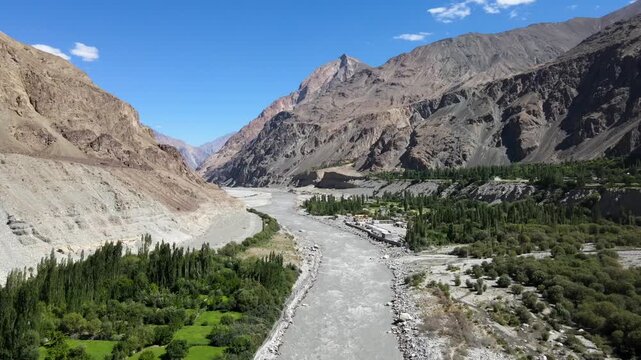 Drone view of Turtuk, a mountain village in Nubra Valley, Ladakh