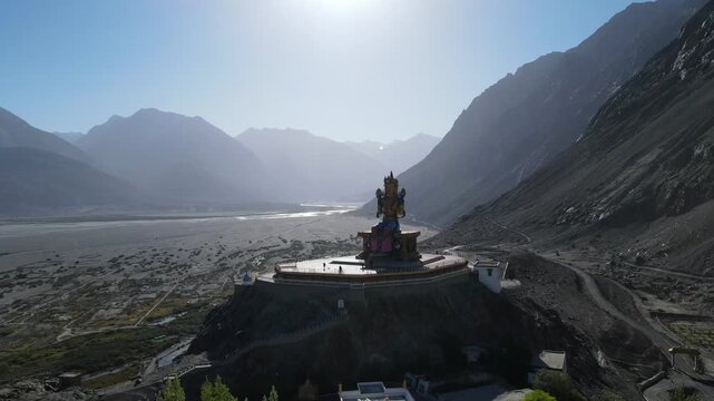 Stunning drone view of Diskit Monastery, an oldest and largest Buddhist Monastery in the Nubra valley of Ladakh