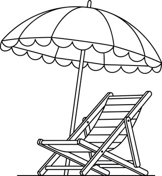 Beach chair and sun umbrella coloring page outline for summer vacation and tropical resort relaxation theme