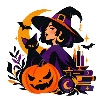 Chic Halloween Celebration Flat Vector Illustration with Witch and Black Cat
Modern Halloween Night Flat Vector Illustration with Pumpkin, Cat and Moon
Stylish Halloween Holiday Illustration 