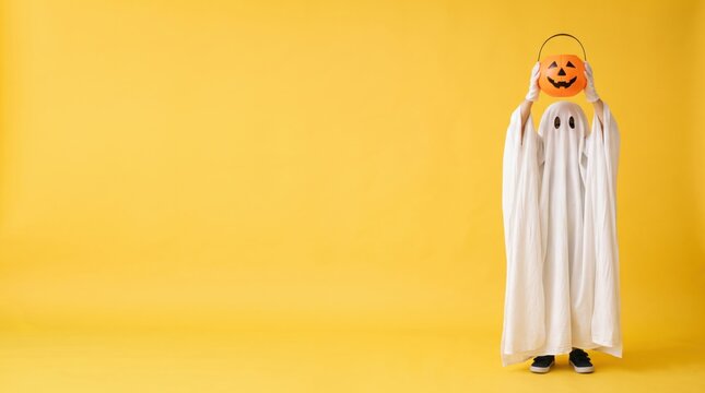 Person in a white ghost costume holding an orange plastic jack o lantern pumpkin bucket above their head against a solid yellow background