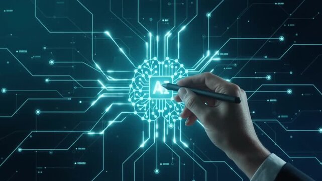 Artificial intelligence brain icon glowing with digital circuit lines