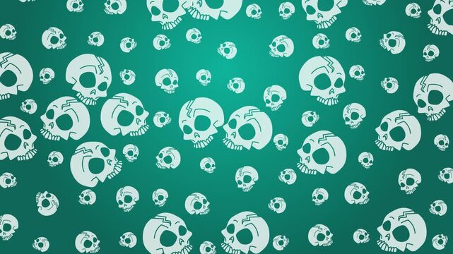 Stylized white skulls repetitive pattern on vibrant teal backdrop