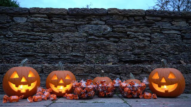 Glowing carved jackolantern pumpkins and sweet candies arranged neatly on stone steps in front of a rustic stone wall during spooky halloween evening festive celebration