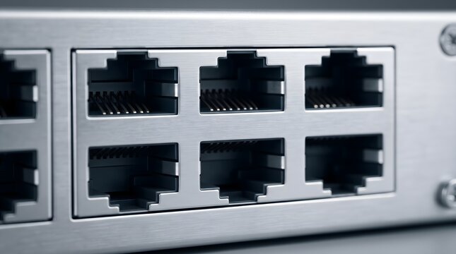 Ethernet ports on a brushed metal network switch panel in a data center for high-speed internet, server infrastructure, and digital communication technology concept.