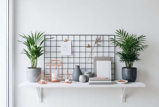 Minimalist scandinavian shelf with grid wall and potted plants