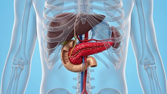 Medical 3D animation showing the human liver pancreas and gallbladder within the transparent skeletal torso against a blue background