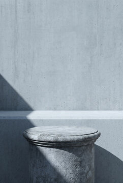 Minimalist concrete interior with cylindrical pedestal and natural light