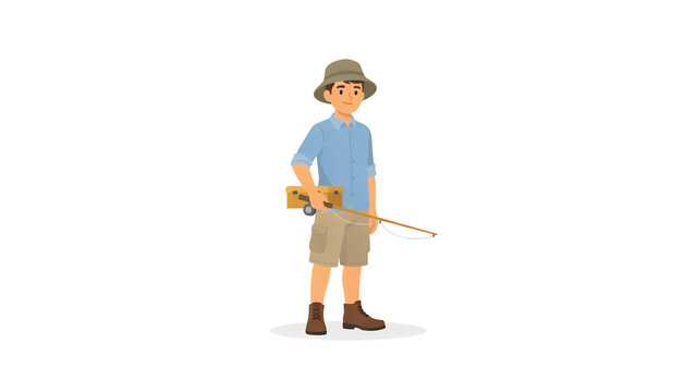 Cartoon fisherman with fishing rod and tackle box d
