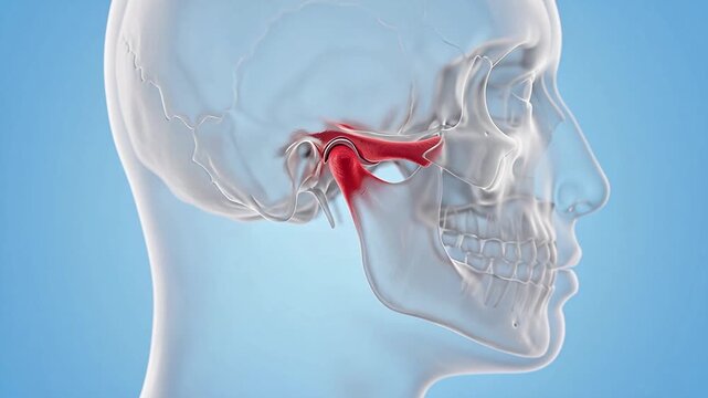 Medical 3D illustration of a human skull showing the temporomandibular joint highlighted in red to illustrate jaw pain or TMJ syndrome against a blue background