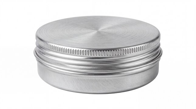 Round silver metal tin jar mockup on white background