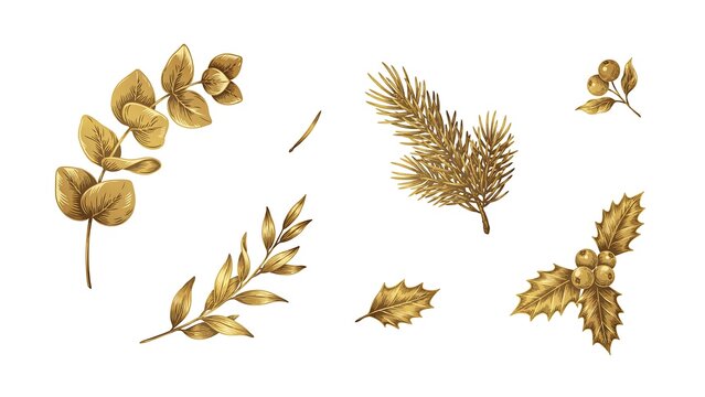 Set of golden botanical christmas including eucalyptus leaves, pine branches, holly berries, and twigs