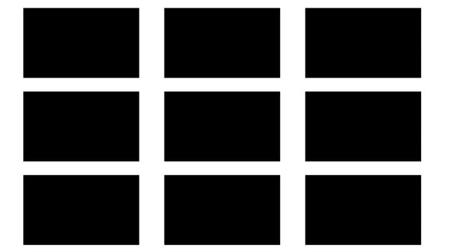 Screen Grid Animation with Nine Rectangle Panels Split Screen Layout Template for Video Editing, Collage Displays, Multi Frame Effects.