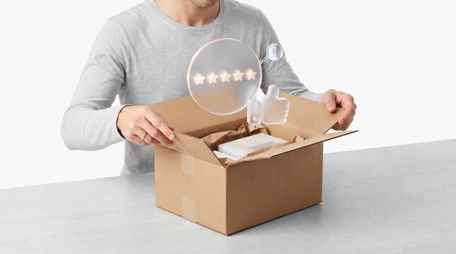 Customer Satisfaction Concept showing a Man Unboxing a Delivery Package with Five Star Rating and Thumbs Up Icons Over a Cardboard Box on a White Background