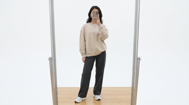 Young Asian woman taking a mirror selfie in a minimalist white studio wearing a beige sweatshirt grey trousers and white sneakers holding a smartphone over her face.
