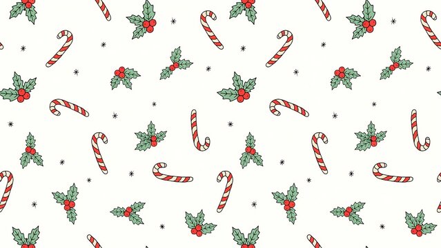 Festive christmas seamless pattern with candy canes and holly leaves on white